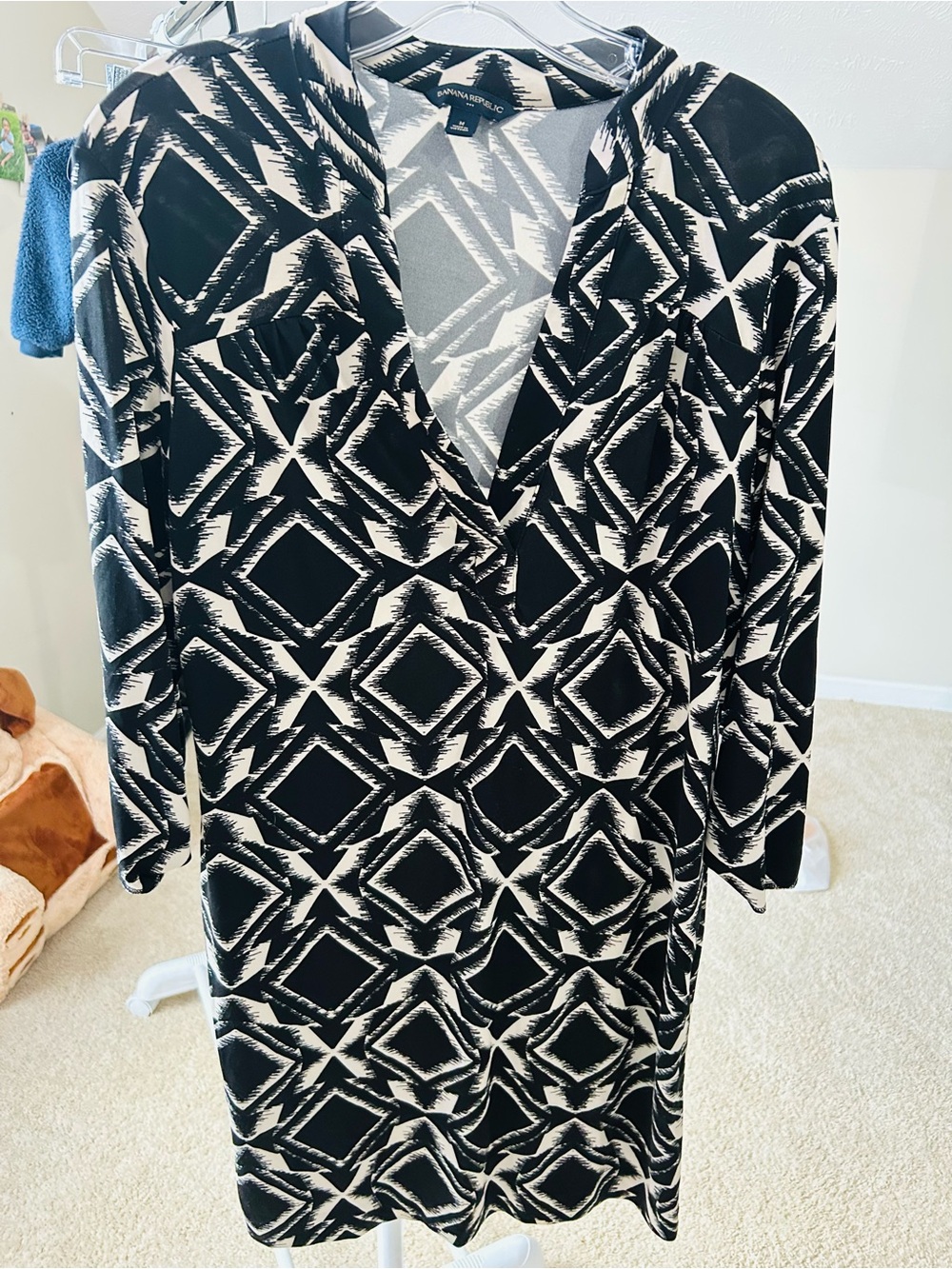 Banana Republic Black and White Geometric V-Neck Midi Dress